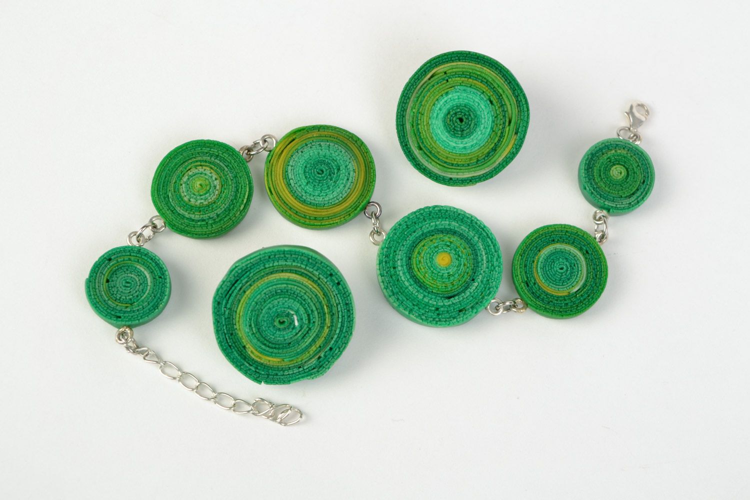 Handmade green polymer clay jewelry set 2 items round earrings and bracelet photo 4