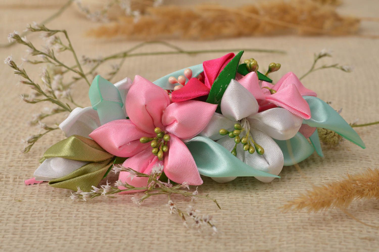 Handmade Haarspange Blume Damen Modeschmuck Accessoire für Haare rosa weiß foto 1
