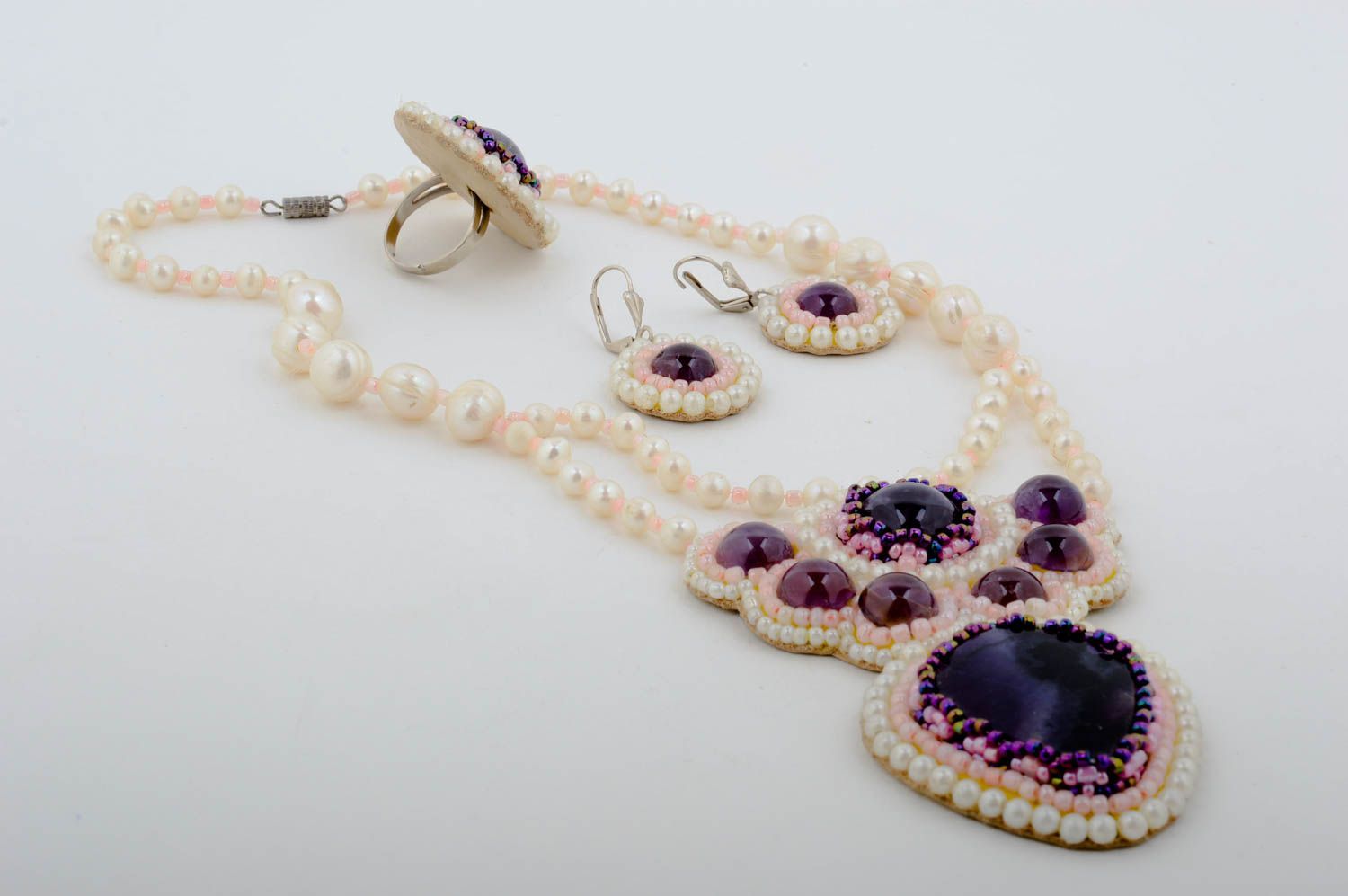 Handmade earrings set of jewelry unusual ring with pendant unusual gift photo 3