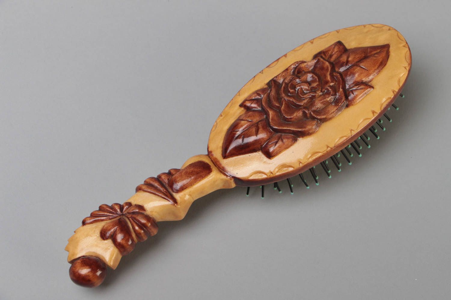 Beautiful varnished handmade carved wooden hair brush eco photo 2