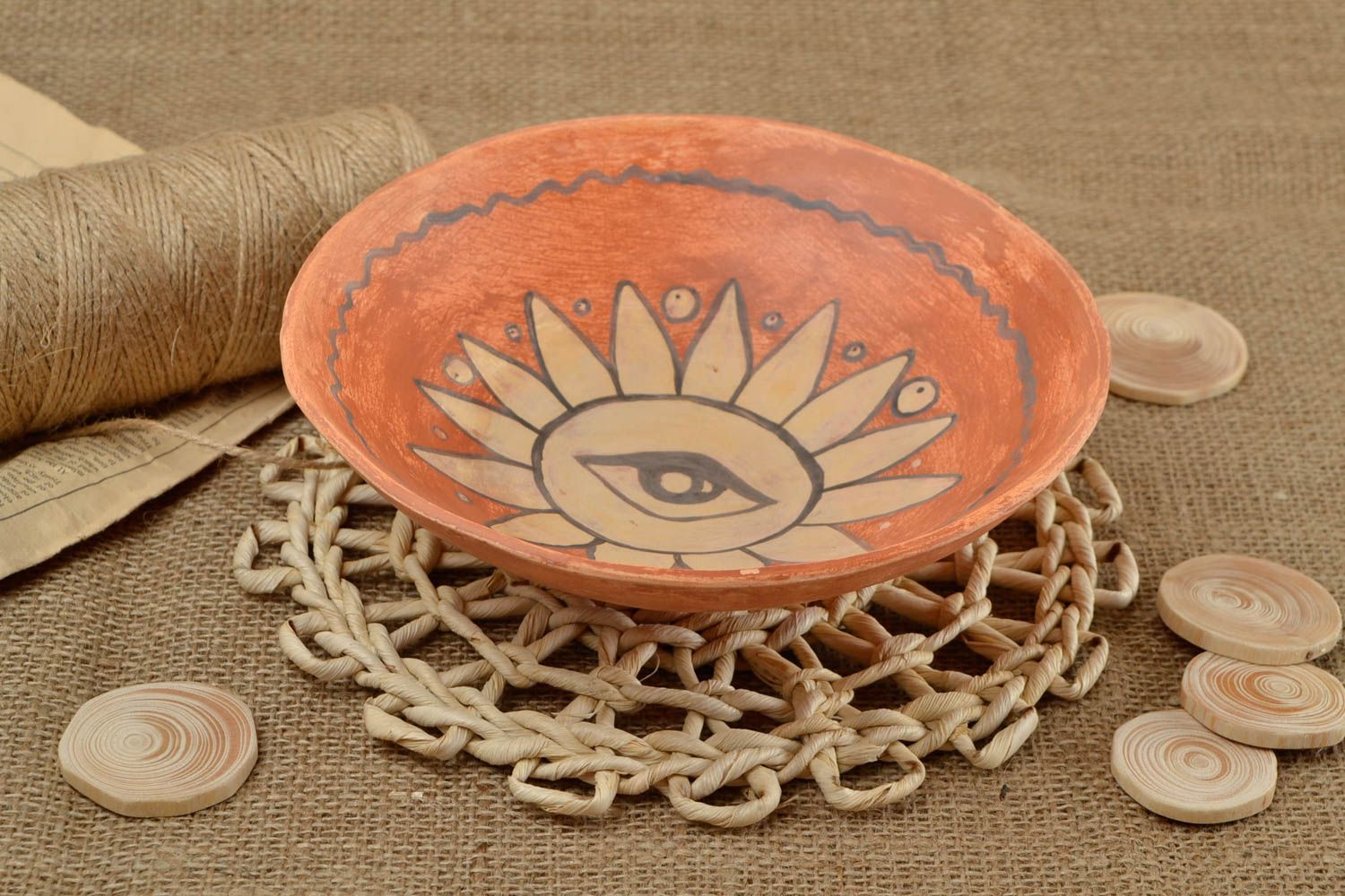 Assiette céramique fait main Bol design Vaisselle originale Soleil peint photo 1