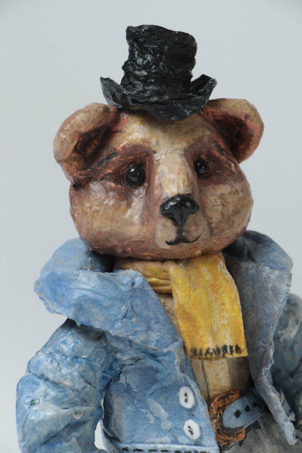 Handmade small painted paper mache statuette of bear Henry for table decor photo 3