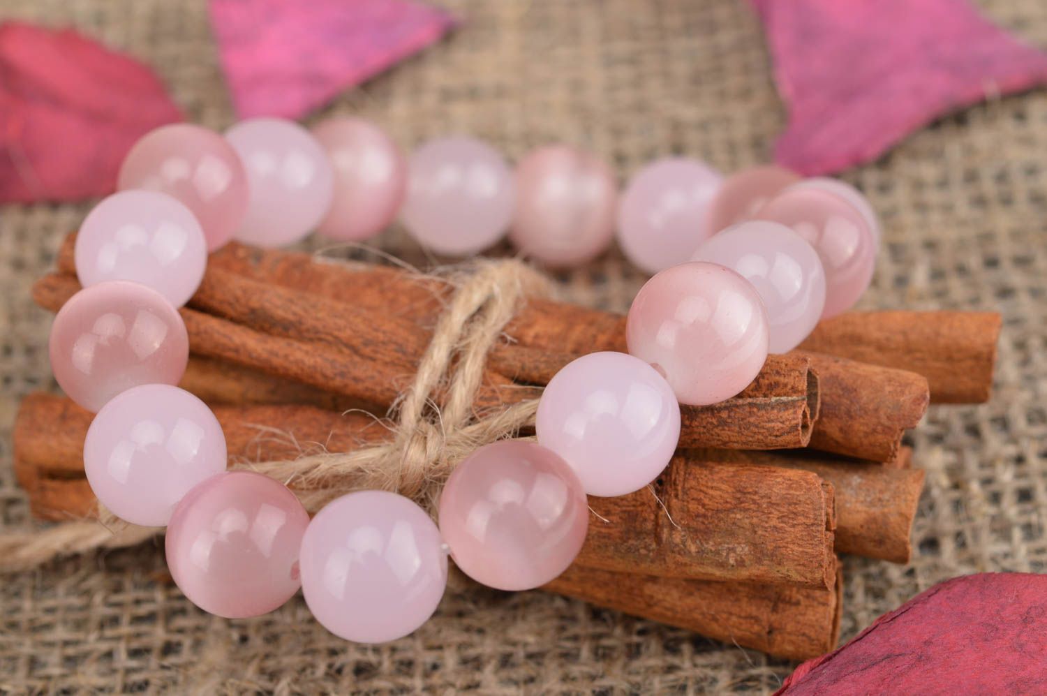 Beautiful stylish handmade designer elastic bracelet with gentle pink beads photo 1