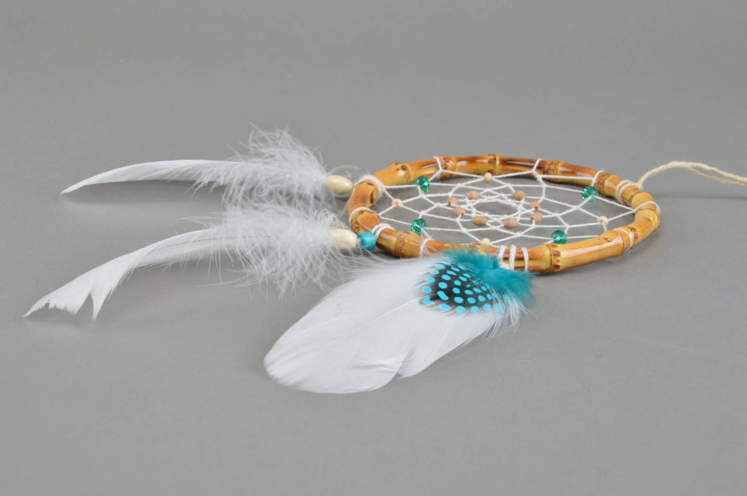 Handmade dreamcatcher interior pendant with feathers of goose and guinea hen photo 3