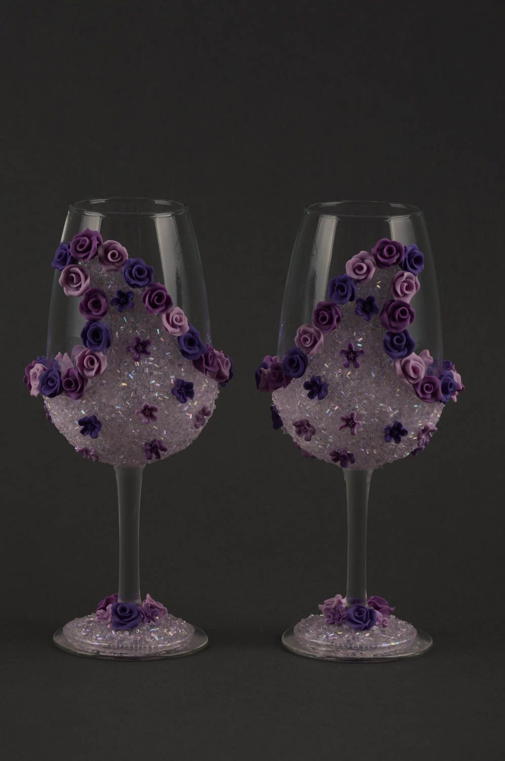 Verres à pied fait main Vaisselle en verre violets avec fleurs Idée cadeau 2 pcs photo 2