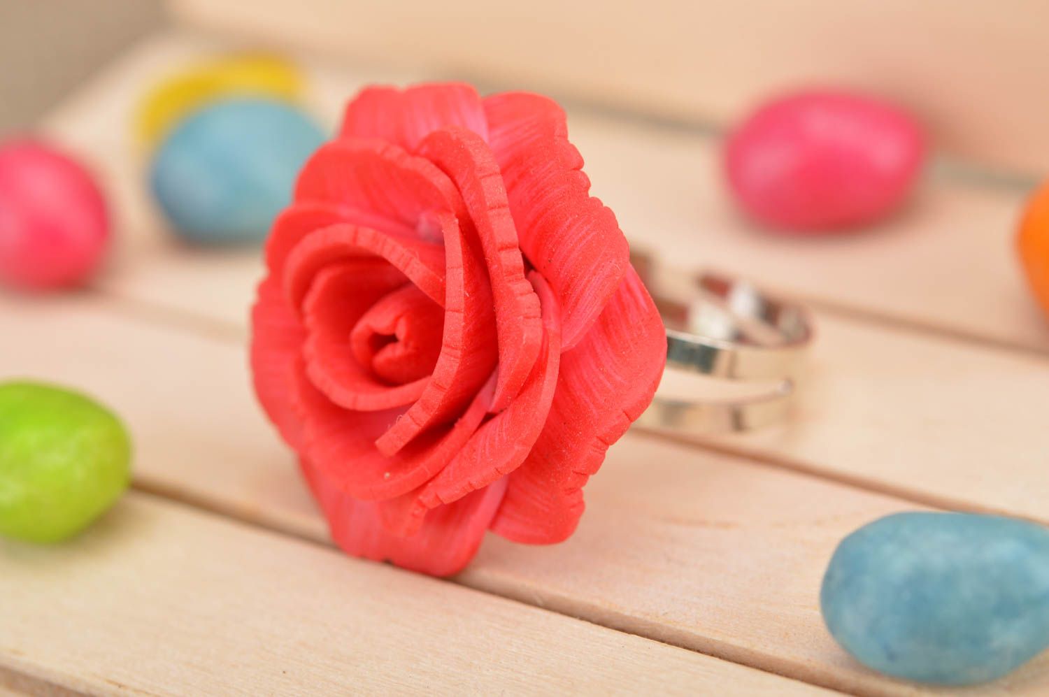 Handmade ring with metal basis and polymer clay volume red rose flower photo 1