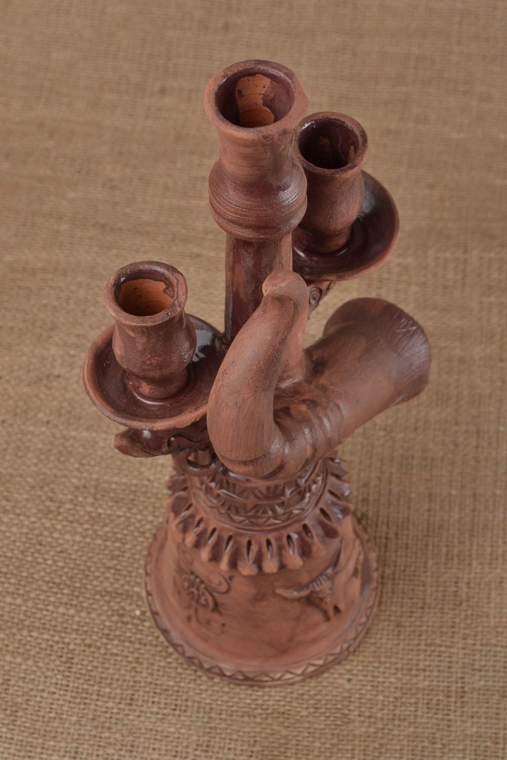 Candelero de arcilla marrón hecho a mano esmaltado original para tres velas  foto 1