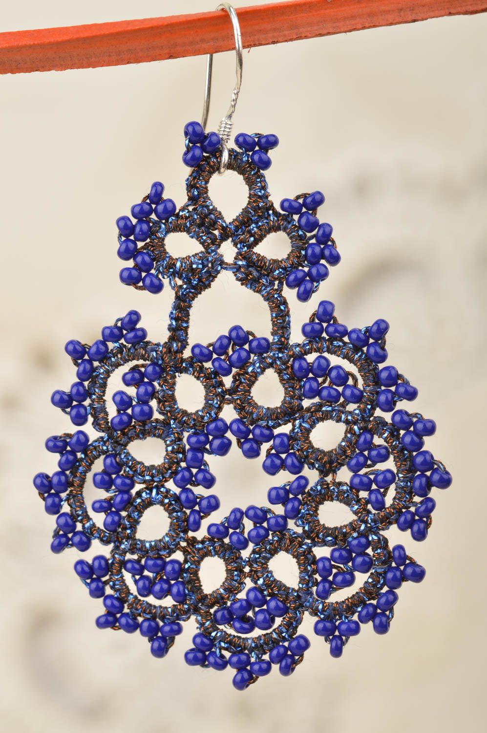 Beautiful blue handmade crohet lace earrings with beads tatting technique photo 3