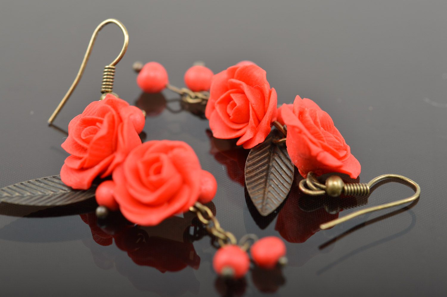 Handmade women's polymer clay flower earrings with charms in the shape of roses and beads photo 5