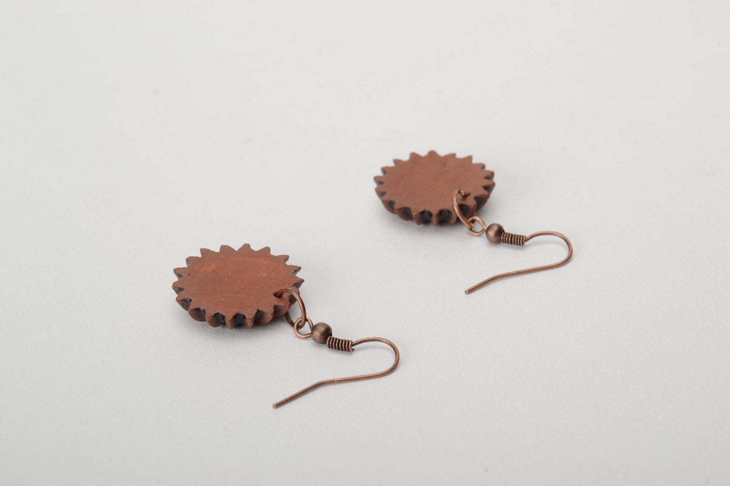 Women's round dangle earrings hand made of brown clay  photo 5