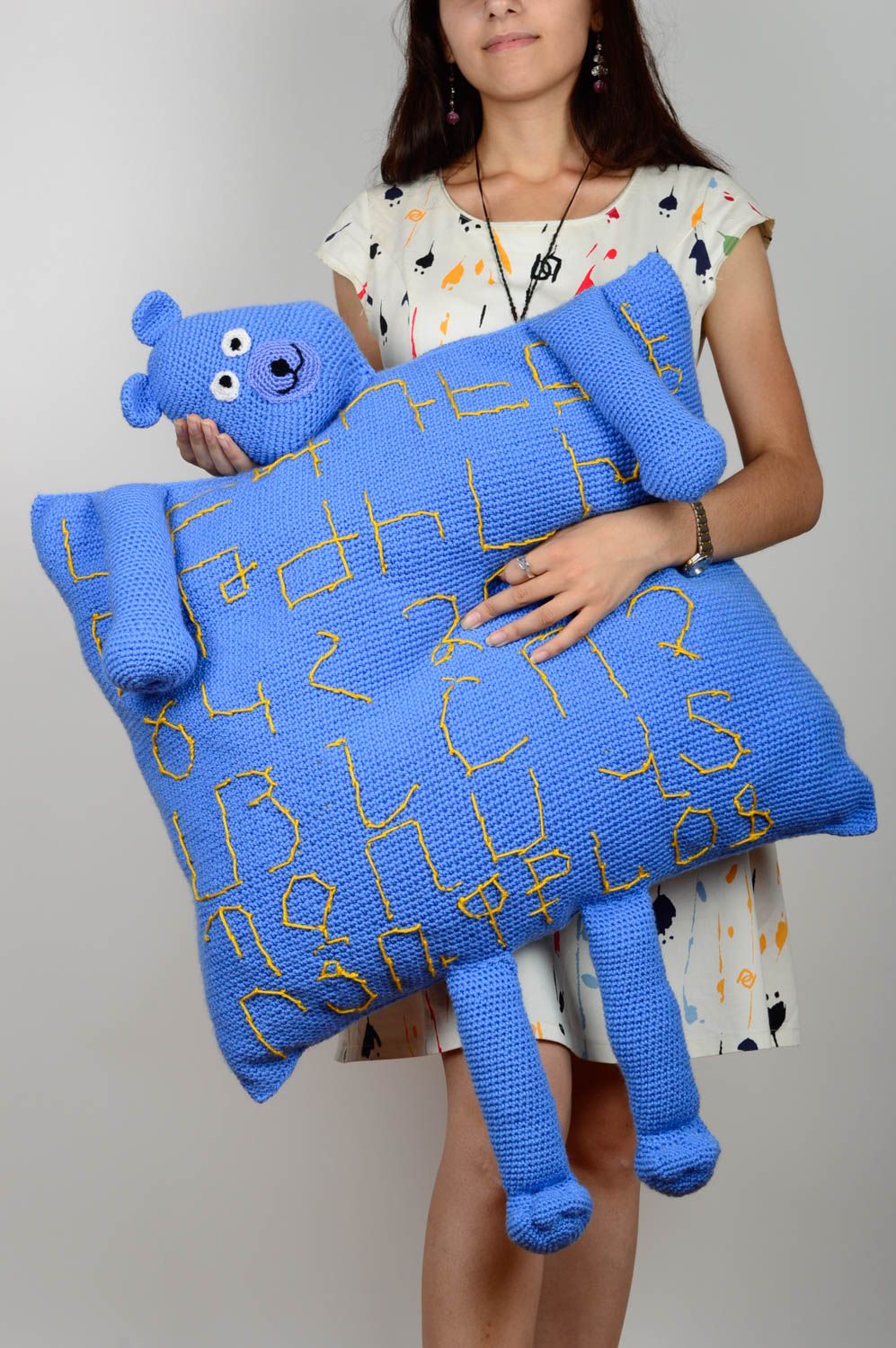 Handmade crocheted pillow stylish designer pillow blue bear children pillow photo 3