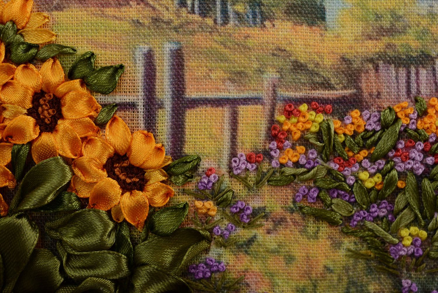Embroidered picture Sunflowers Near the House photo 5