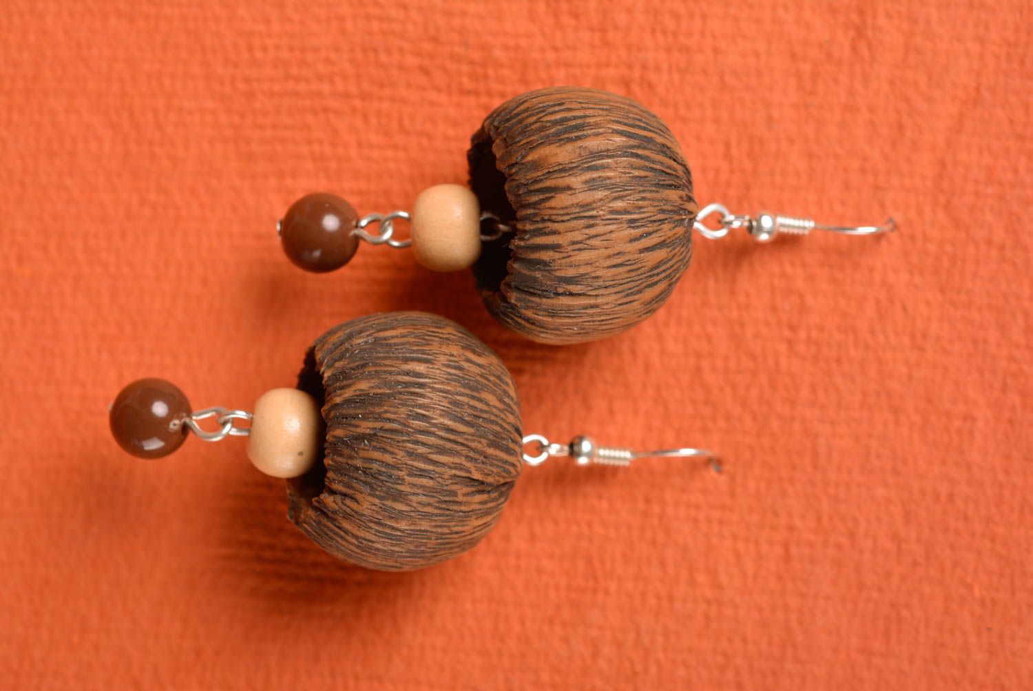 Designer brown handmade earrings made of polymer clay with beads photo 3