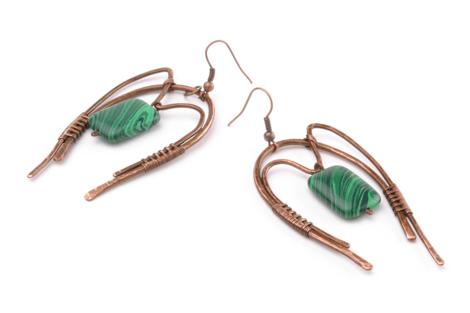 Large copper earrings with malachite stone photo 1