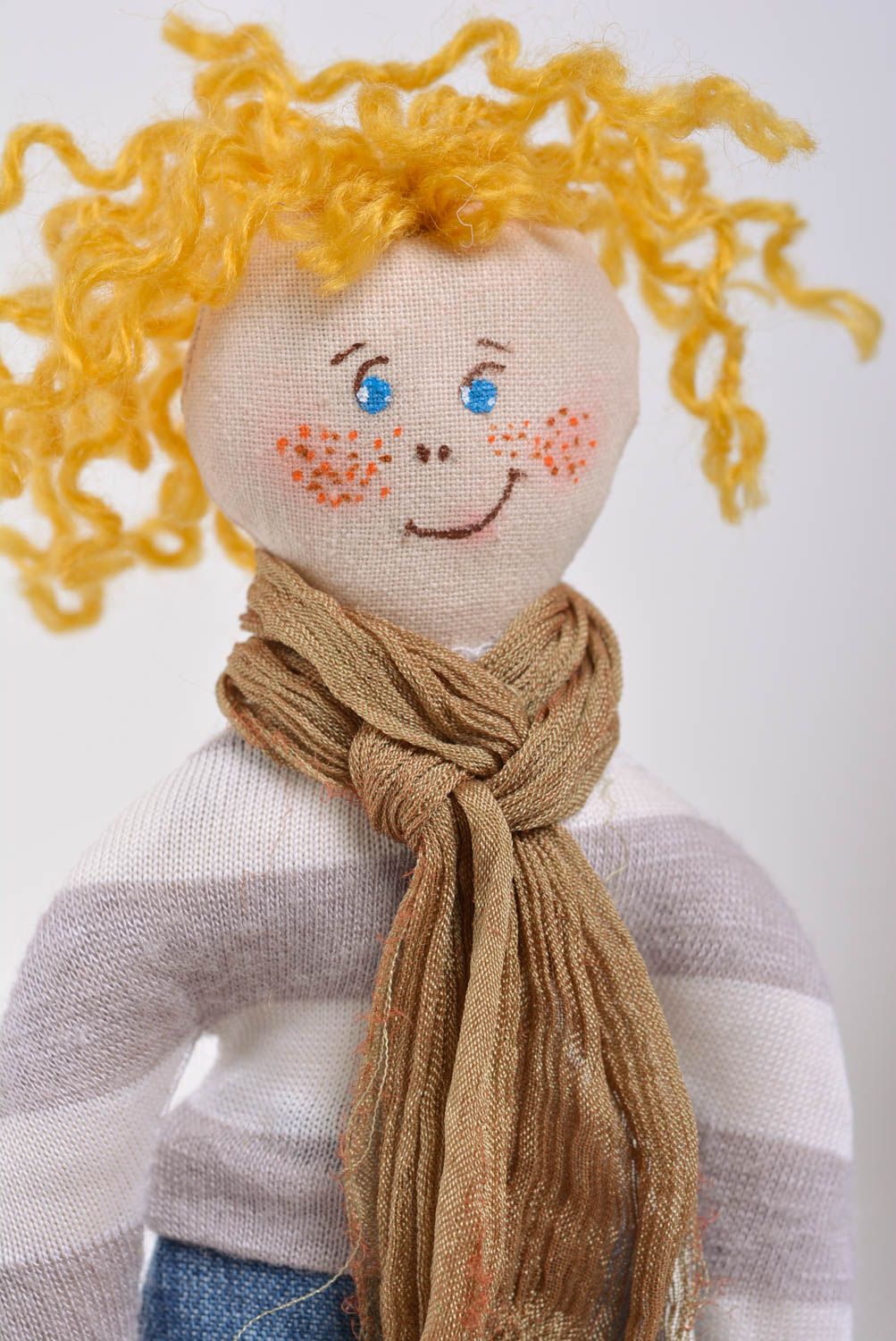 Handmade designer interior fabric soft toy boy with light curly hair in sweater photo 2