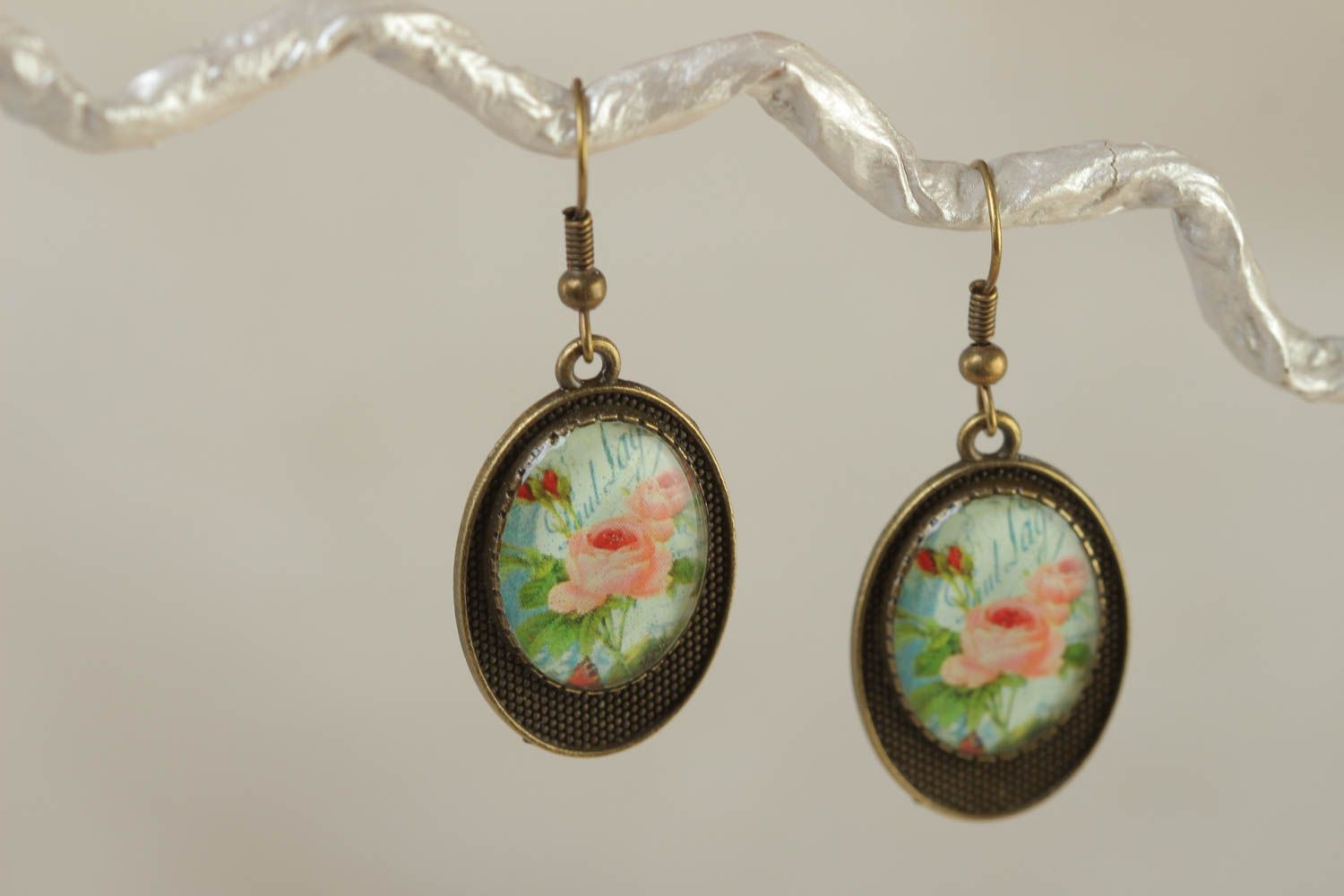 Handmade stylish designer earrings with glassy glaze on metal base beautiful accessory photo 1