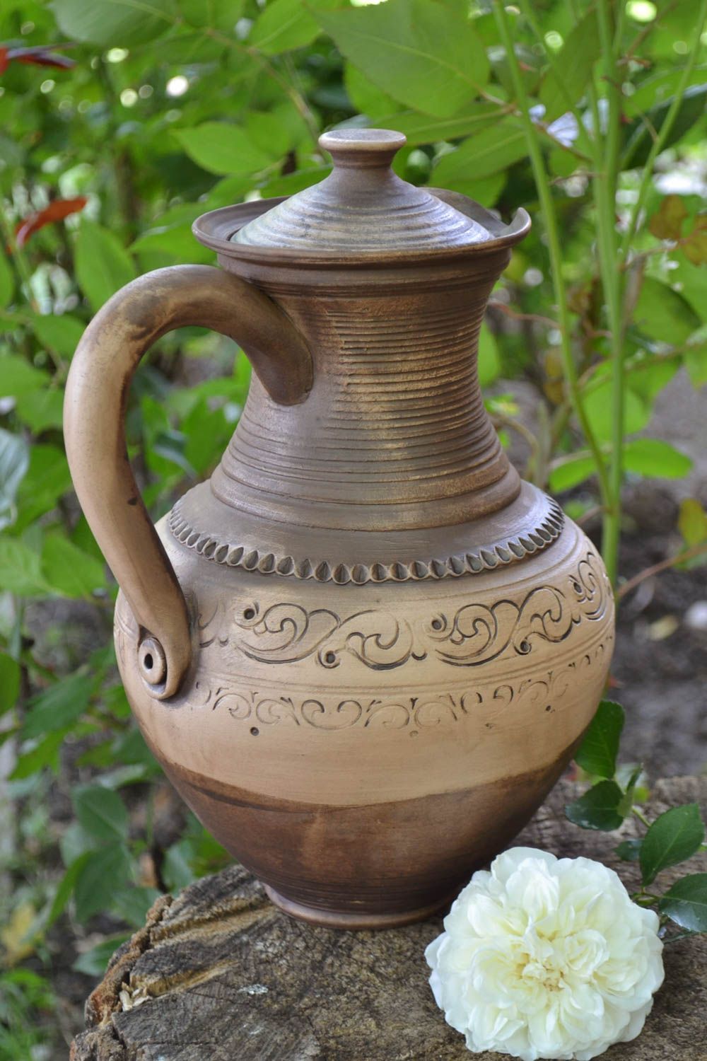 Grande cruche en céramique brun clair avec couvercle et anse faite main 3 l  photo 1