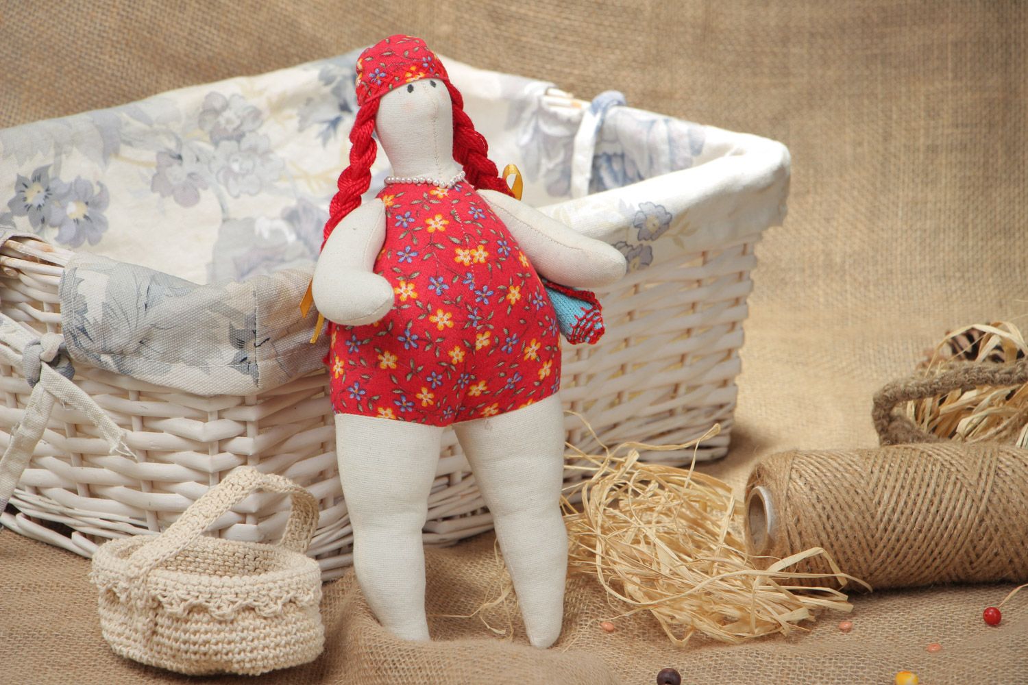 Handmade beautiful soft toy sewn of cotton and linen in red swimming suit  photo 1