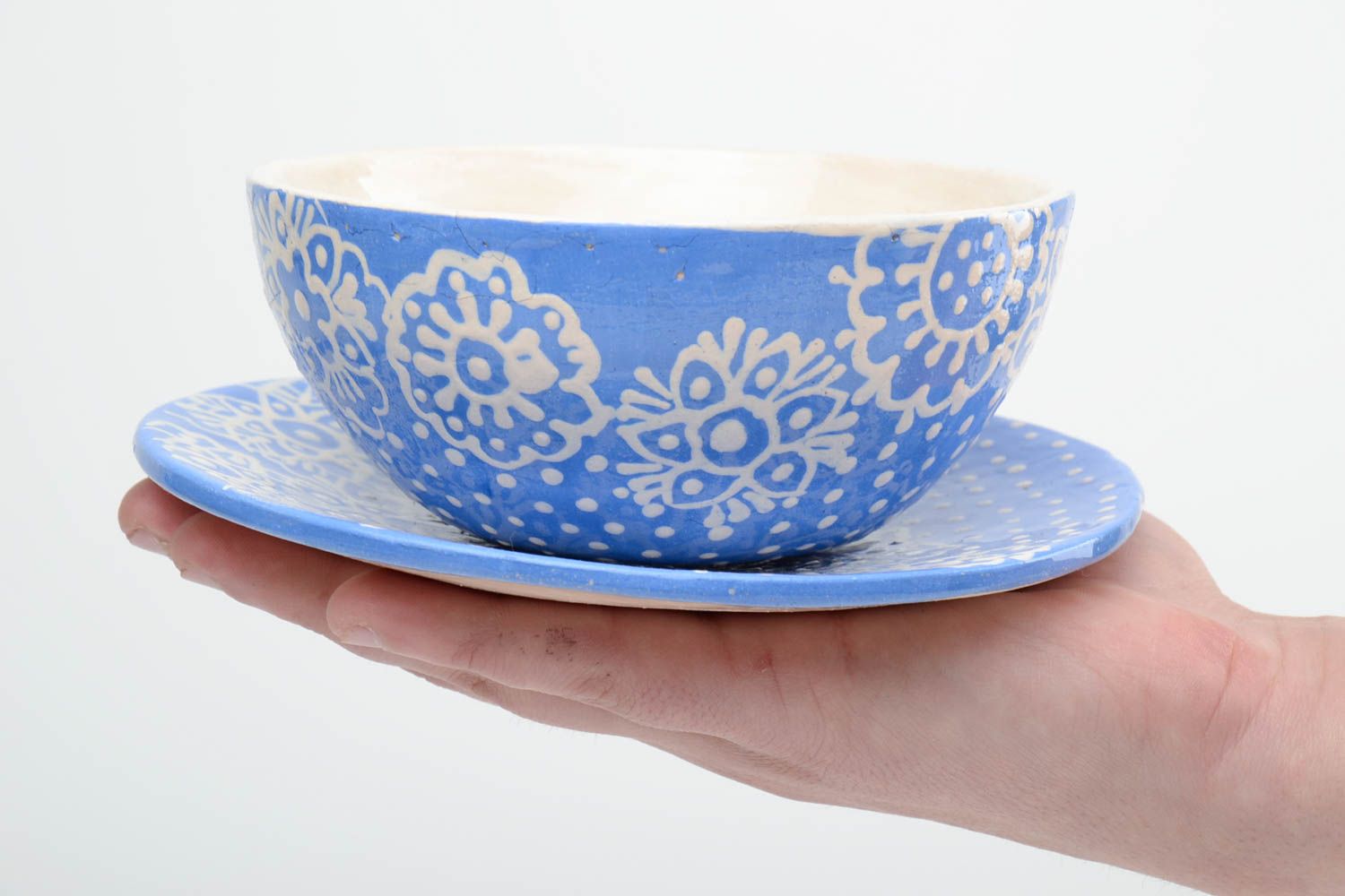 Handmade plate for soup with saucer blue with white with patterns 500ml kitchen decor photo 5