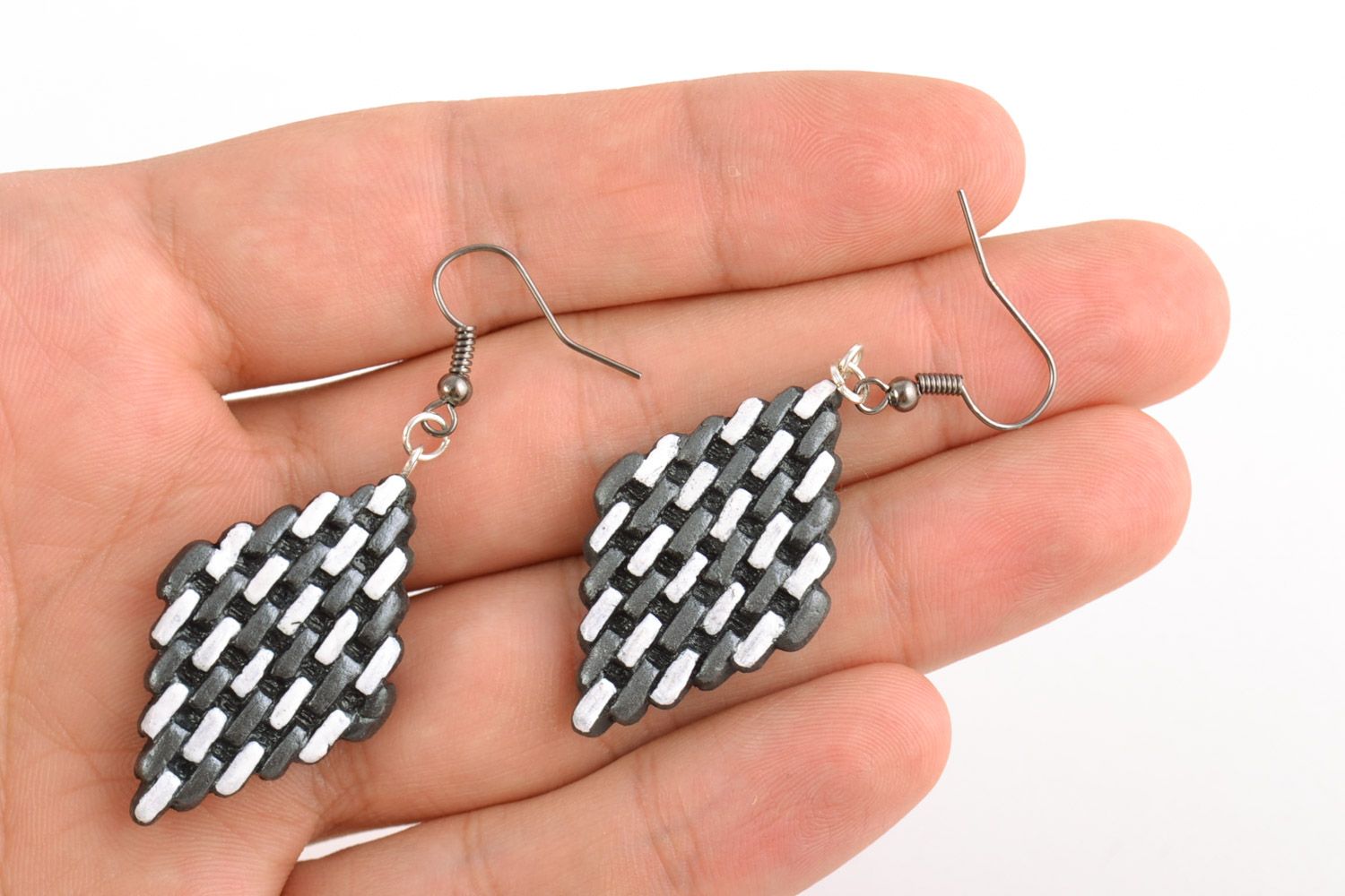 Gray and white unusual handmade clay dangle earrings in the shape of rhombus photo 2