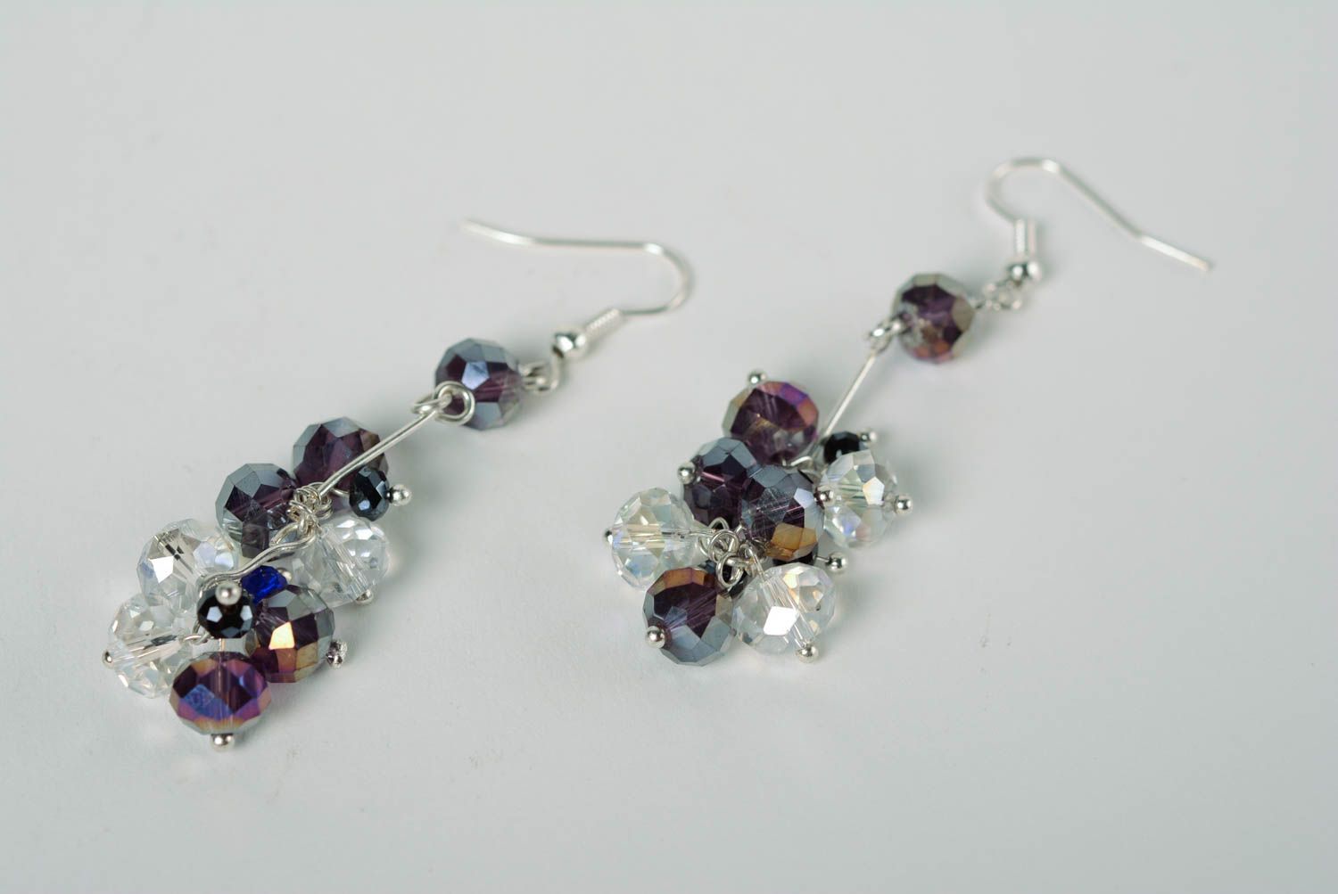 Handmade long festive sparkling earrings with crystal glass beads for ladies photo 1