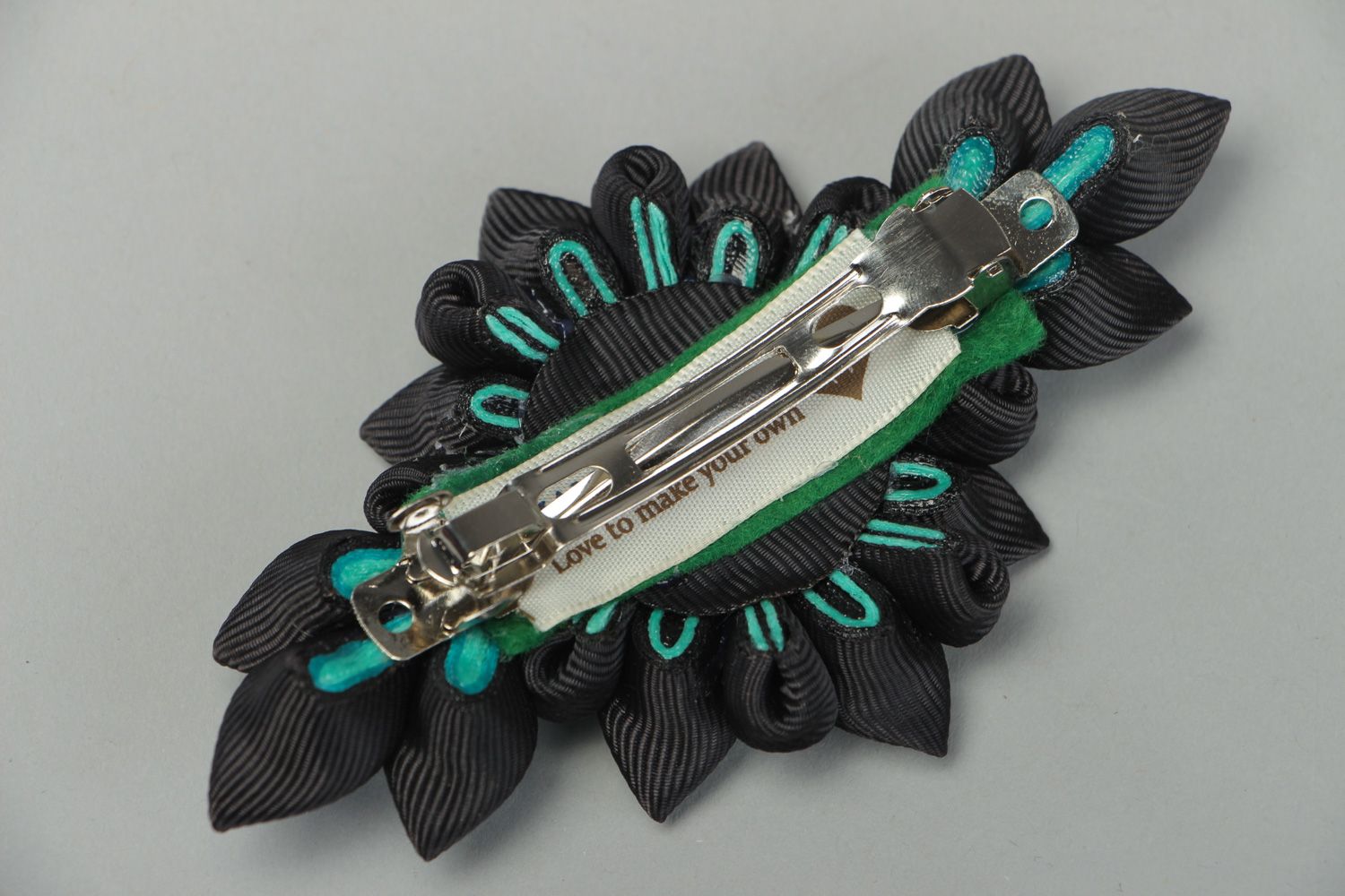 Black and turquoise handmade hair clip with kanzashi flower made of rep ribbons photo 3