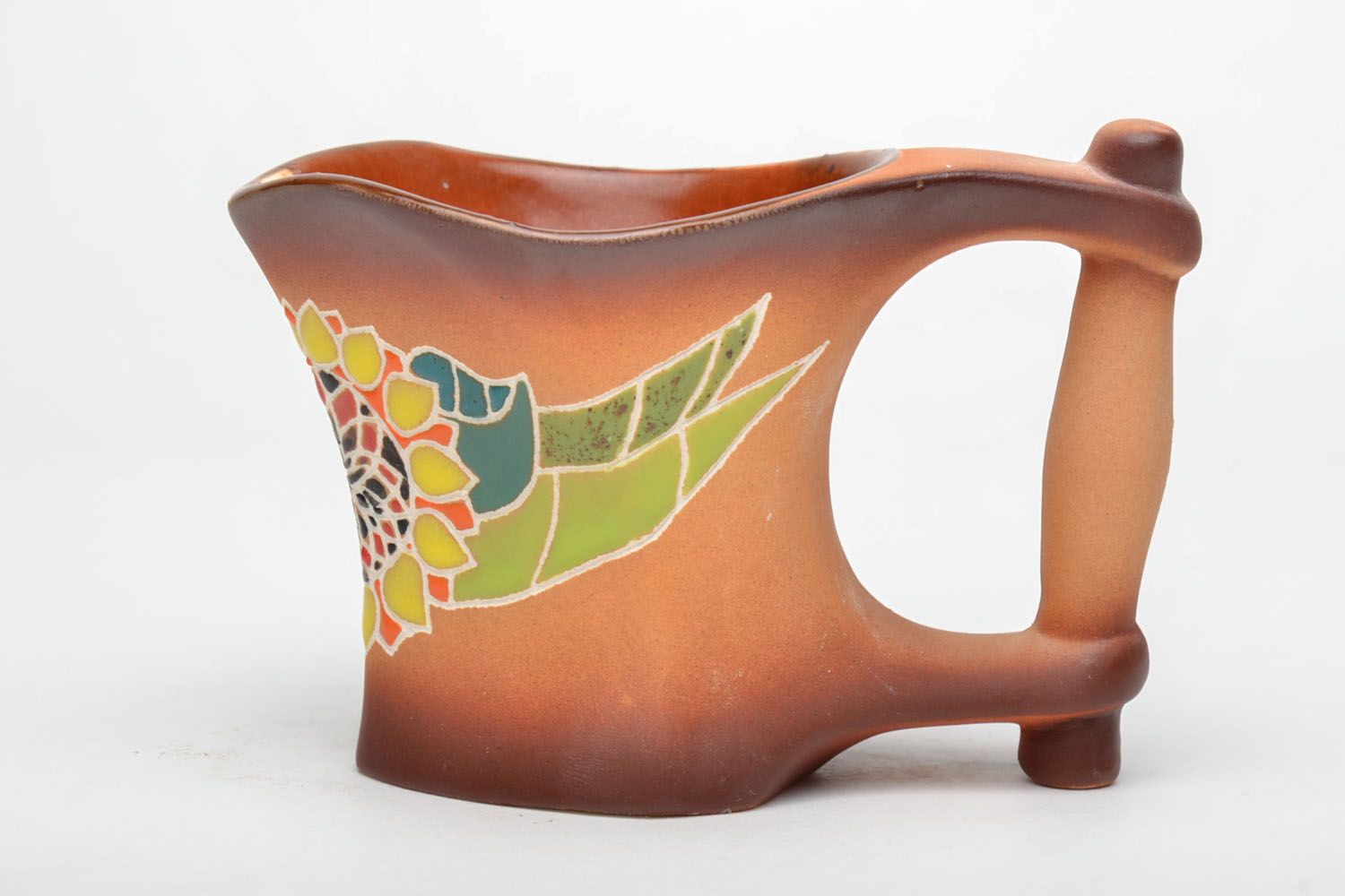 Square handmade terracotta color coffee or tea cup with wide large handle and sunflower pattern photo 2