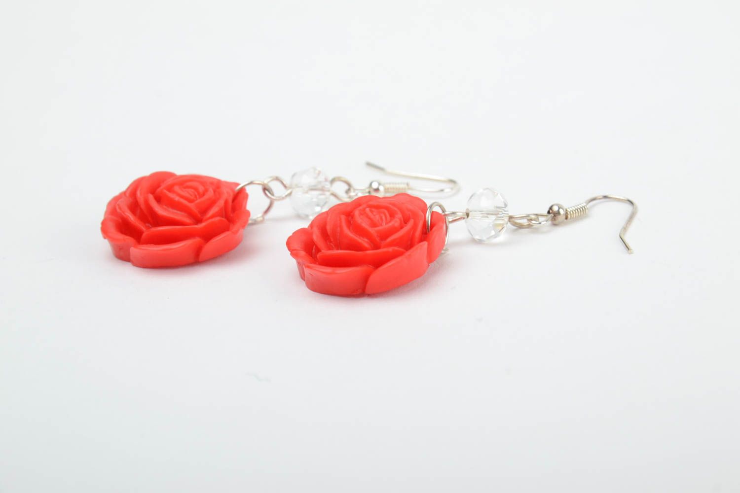 Handmade small polymer clay floral dangling earrings red roses for ladies photo 4