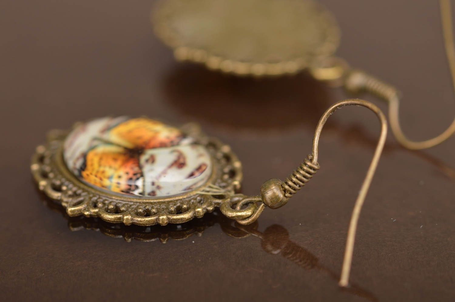 Unusual homemade designer oval metal earrings in vintage style Golden Butterfly photo 4