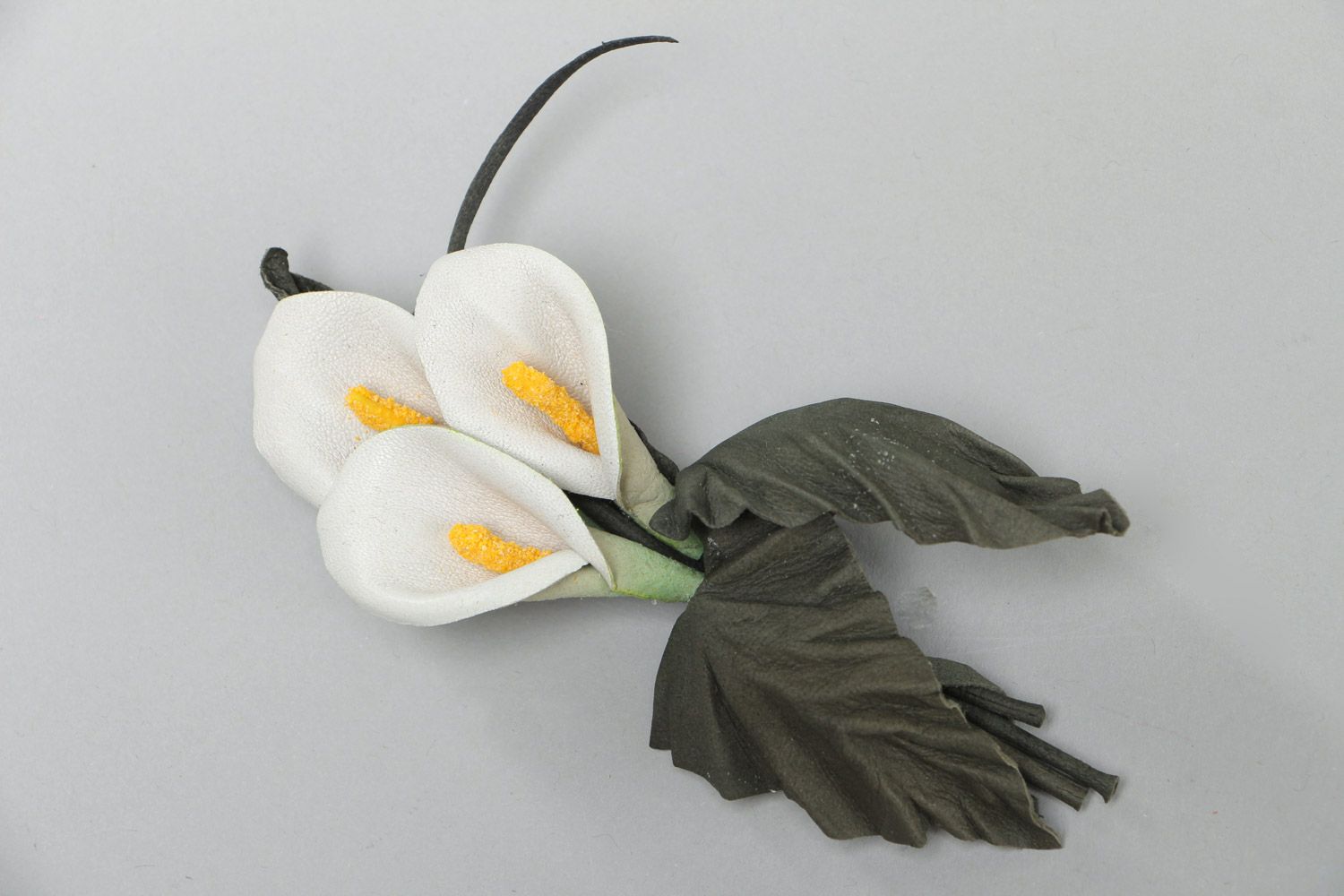 Handmade women's brooch with tender white leather flower with black leaves photo 2