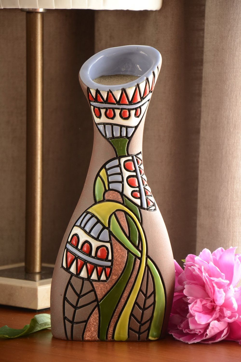 Jarrón original decorativo artesanal alto étnico de cerámica de colores 1.5 l foto 1