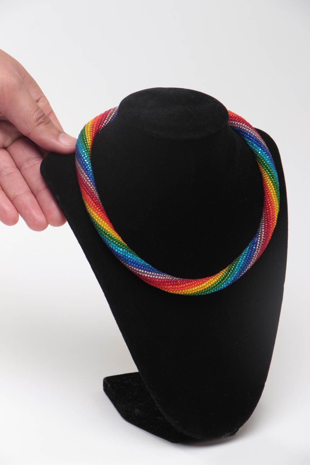 Handmade designer beaded woven cord necklace of rainbow color for women photo 5