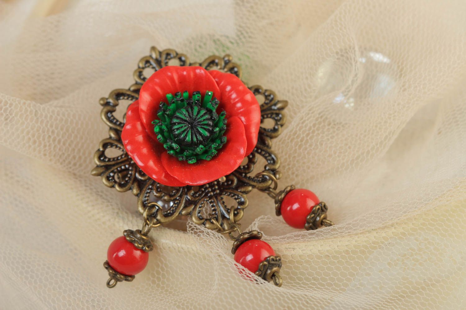 Handmade polymer clay brooch with metal basis in the shape of red and black poppy photo 1