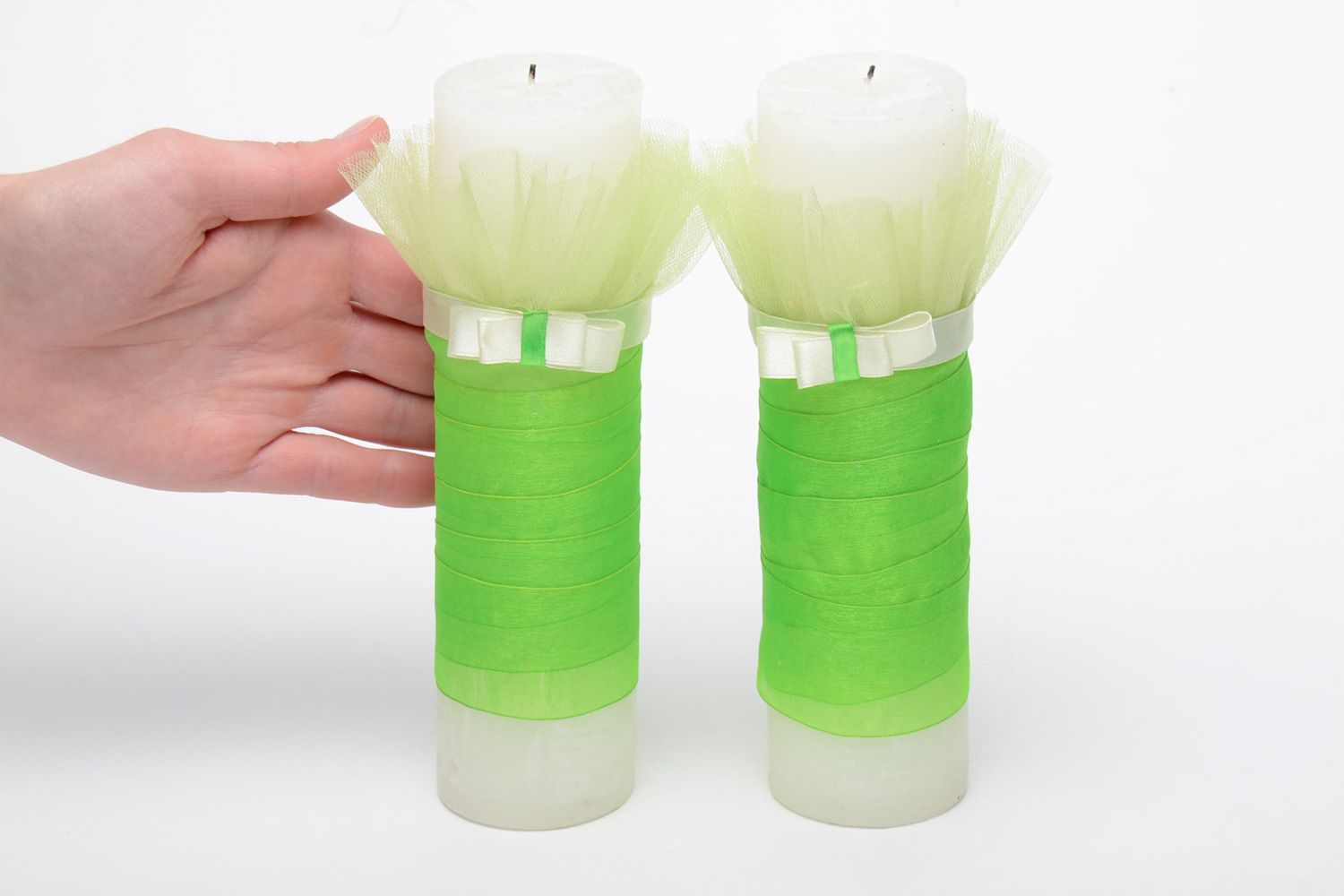 Handmade decorative wax wedding candles in white and green colors 2 items photo 5