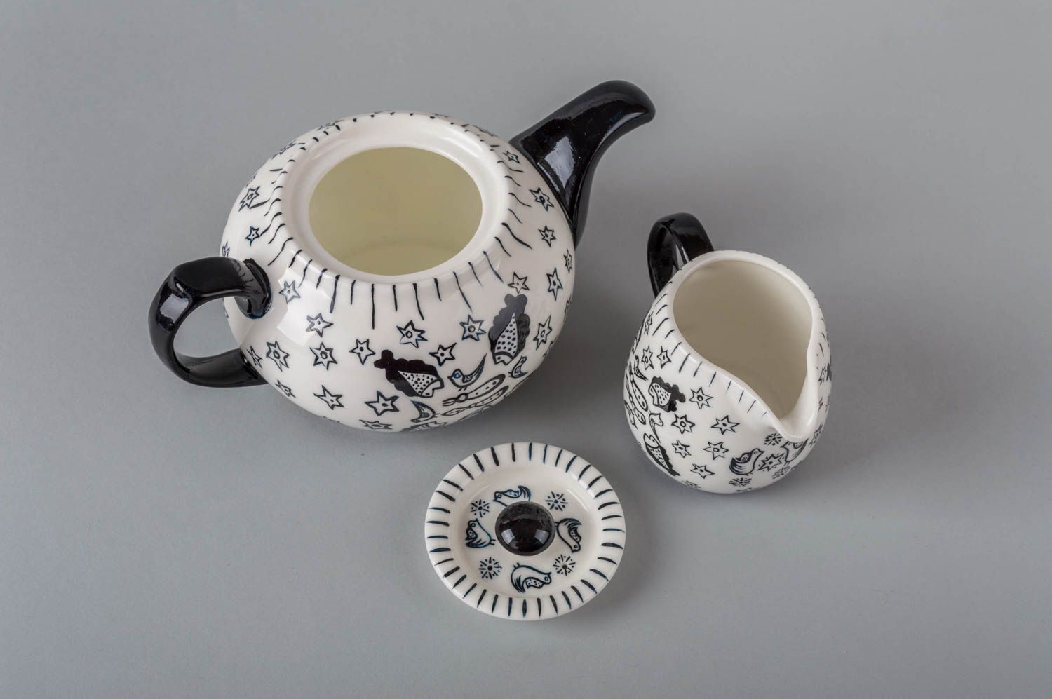 Handmade Ton Teekanne Öko Geschirr Keramik Kanne für Sahne mit Ornament 2 Stück foto 3