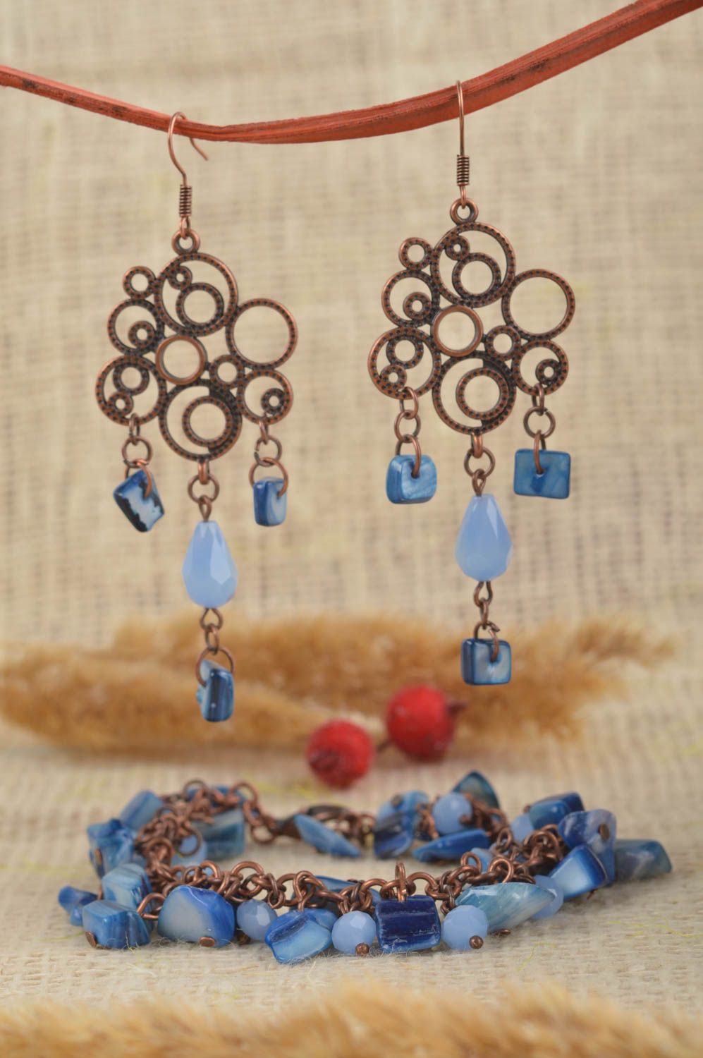 Handmade jewelry set unusual metal bracelet designer nacreous earrings photo 1