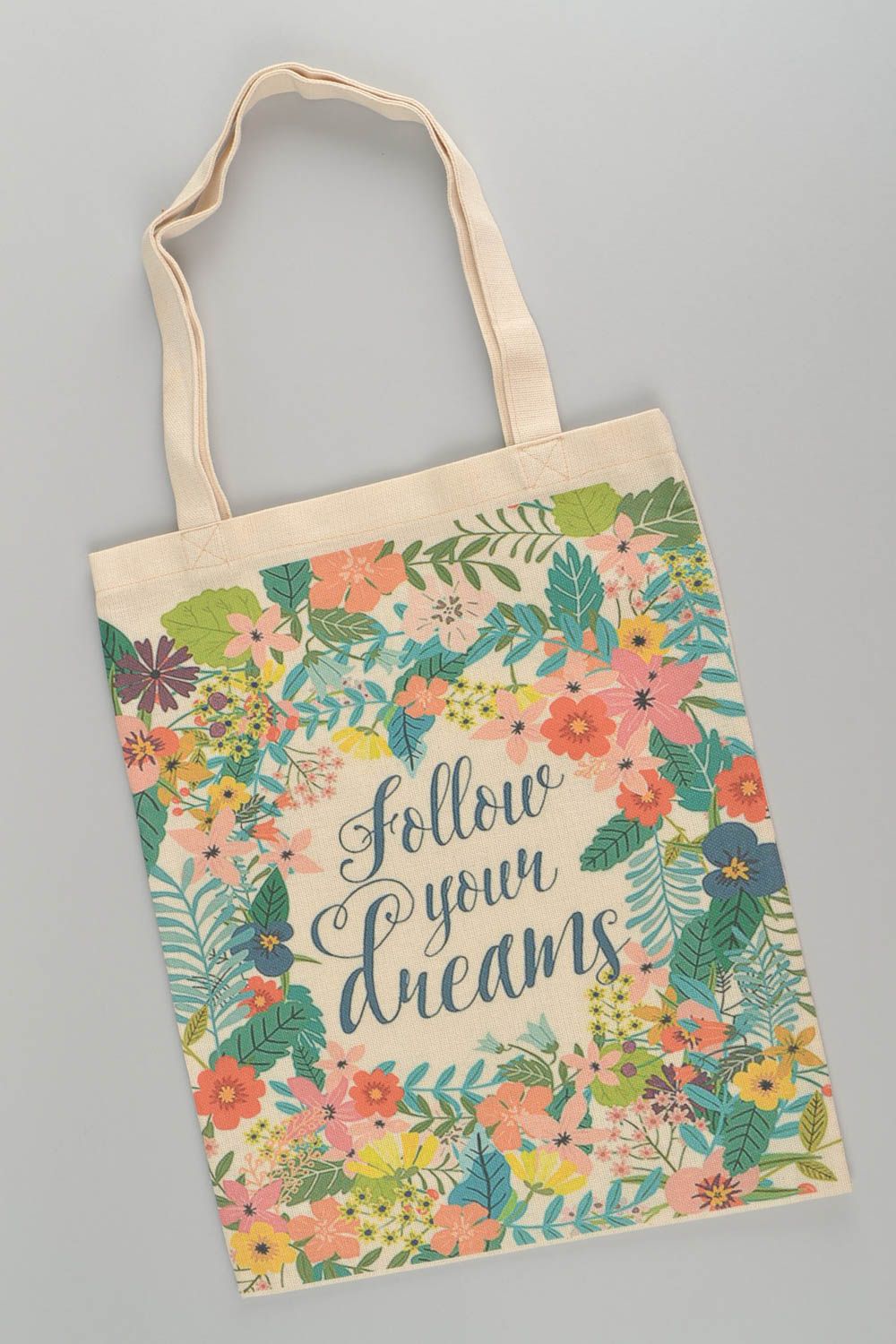 Fabric eco bag with a print Follow Your Dreams handmade summer shoulder bag photo 2