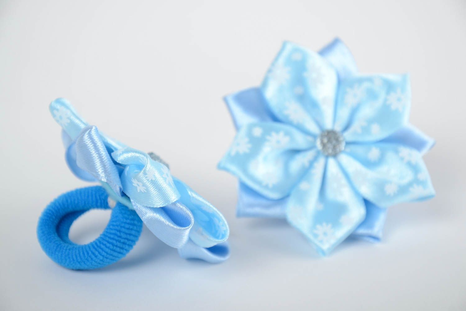 Set of 2 handmade children's blue textile flower hair ties kanzashi photo 2
