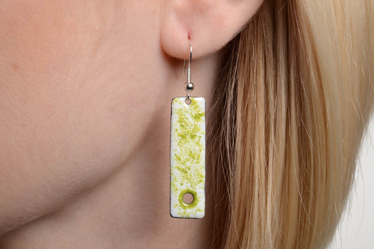 Copper handmade stylish long rectangular earrings with hot enamel photo 5
