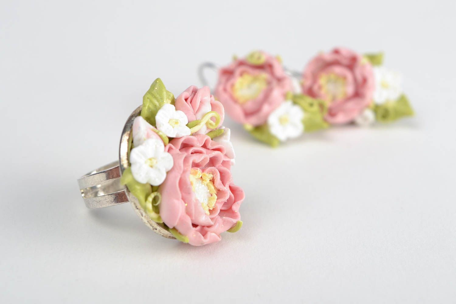 Beautiful unusual nice tender handmade polymer clay rose earrings and ring set   photo 4
