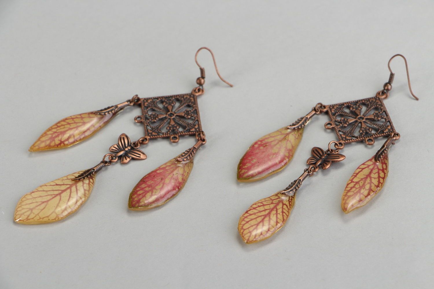 Beautiful earrings made ​​of copper and natural leaf Boho photo 3