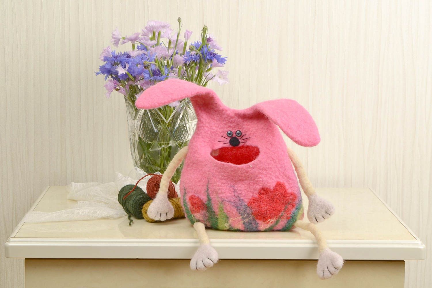 Wool organizer for remote controls in the form of pink hare handmade funny toy photo 1