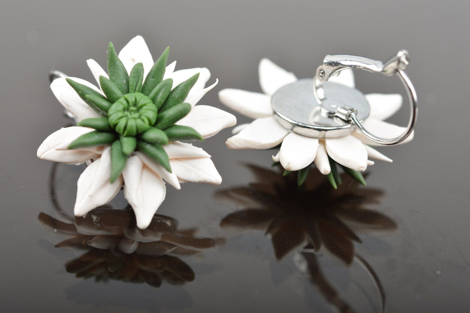 Beautiful white and green handmade plastic earrings Edelweiss photo 2