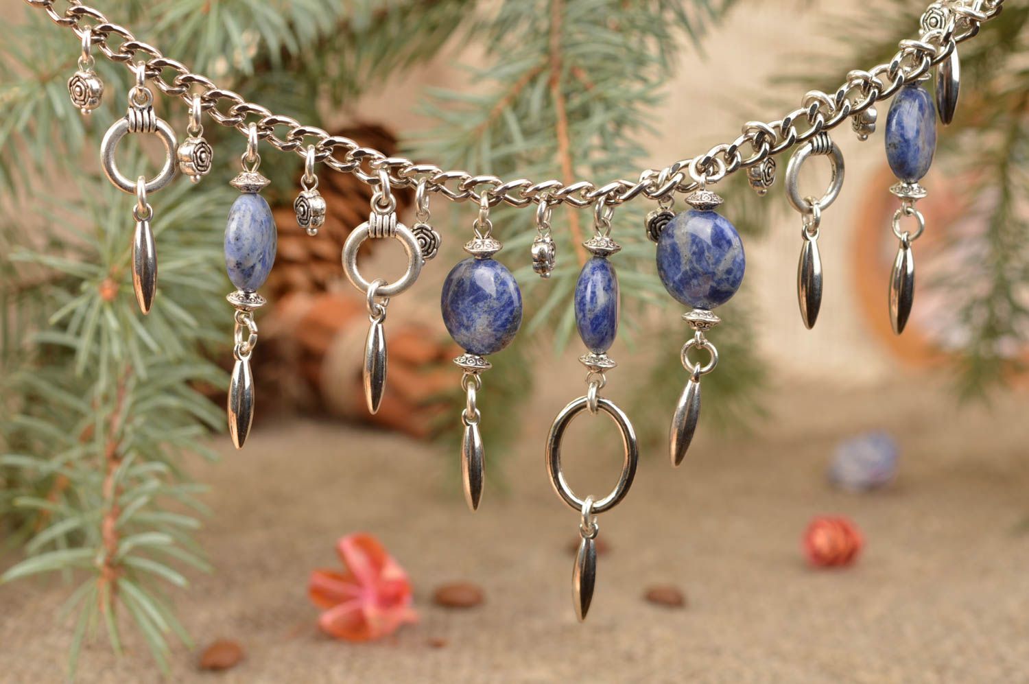 Set of handmade metal jewelry with blue beads necklace and earrings Sky photo 1