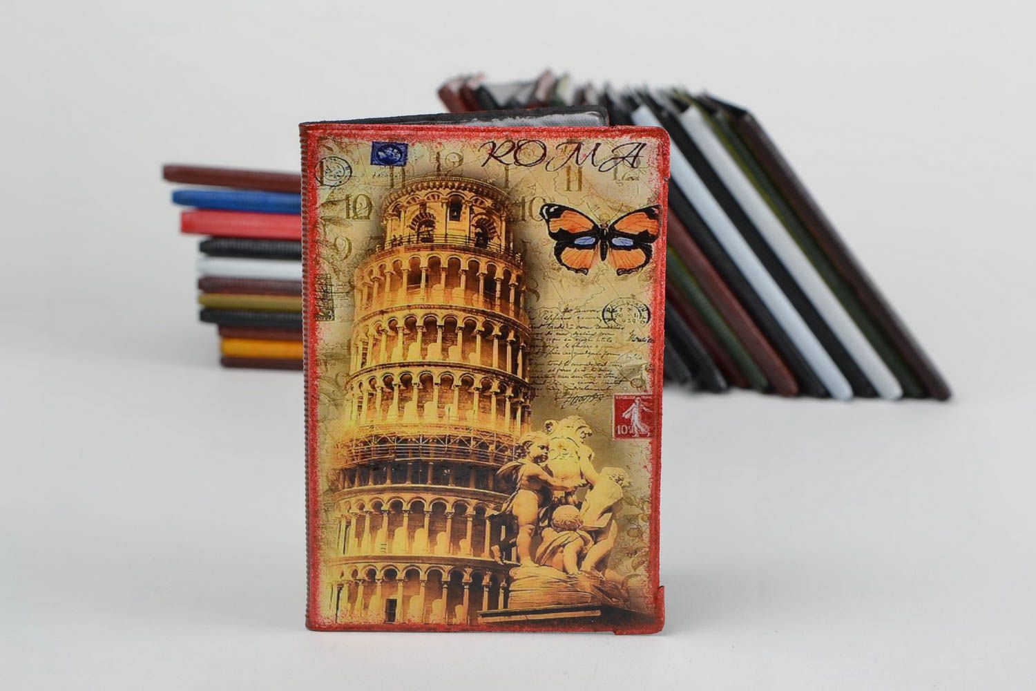 Handmade faux leather passport cover decorated with retro image decoupage Italy photo 1