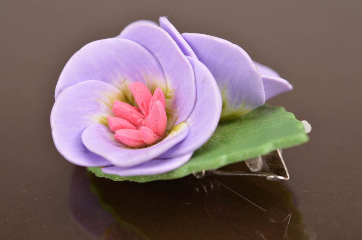 Unusual beautiful handmade designer lilac polymer clay flower brooch photo 5