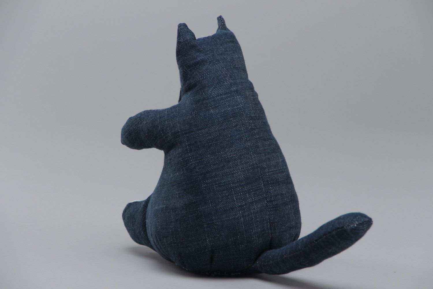 Handmade denim fabric soft toy cat of blue and white colors photo 4