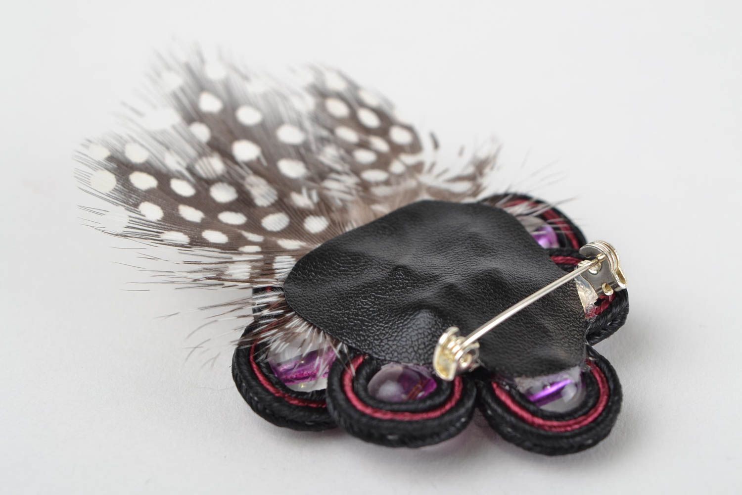 Handmade unusual design soutache brooch with feathers and natural howlite stone photo 5