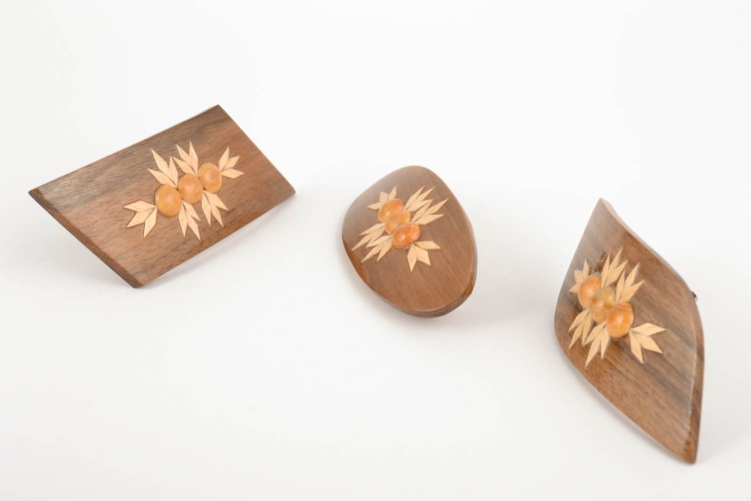 Head flowers accessories Handmade women's varnished wooden hair clips set 3 pieces photo 4