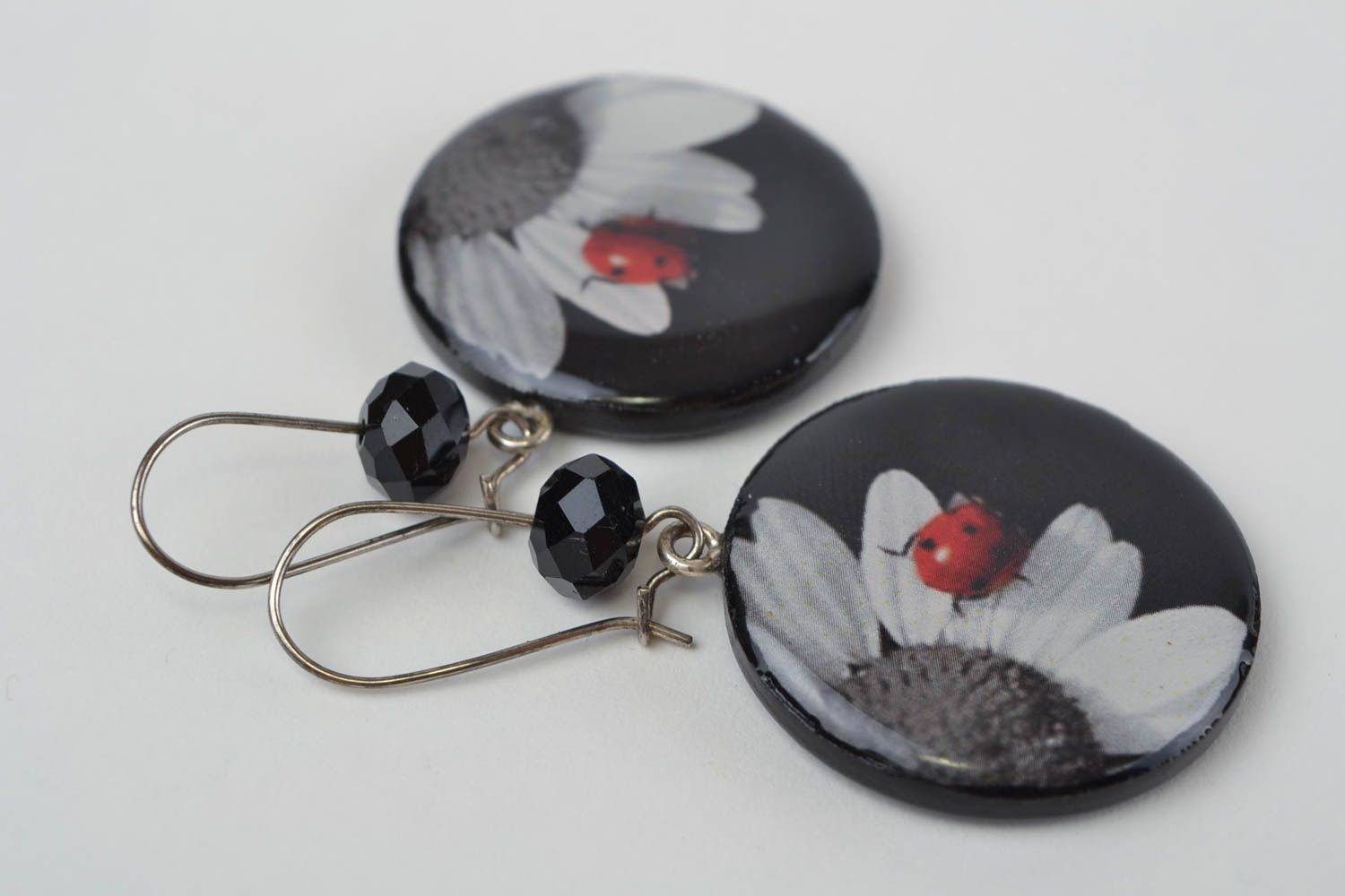 Beautiful homemade polymer clay round earrings with decoupage dark with flowers photo 3
